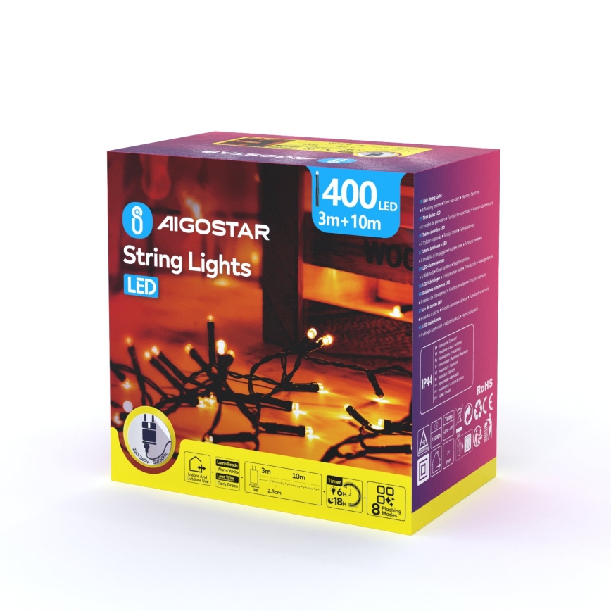 Aigostar - LED zunanji božični niz 400xLED/8 funkcij 13m IP44 topla bela