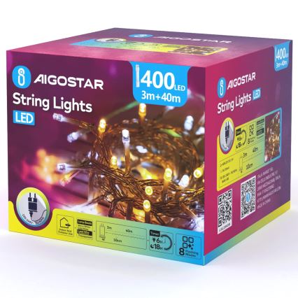 Aigostar - LED zunanji božični niz 400xLED/8 funkcij 43m IP44 topla bela/hladna bela