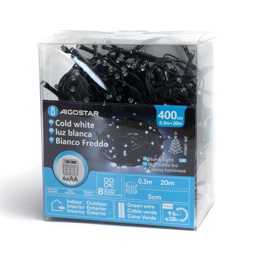 Aigostar - LED zunanji božični niz 400xLED/8 funkcij 4xAA 20,3 m IP44 hladno bela