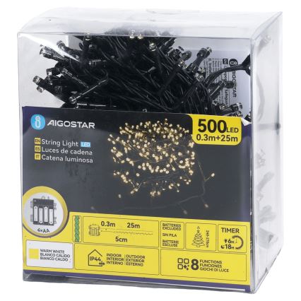 Aigostar - zunanji božični LED niz 500xLED/8 funkcij 4xAA 25,3 m IP44 topla bela