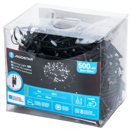 Aigostar - LED Zunanji božični niz 500xLED/8 funkcij 53m IP44 hladno bela