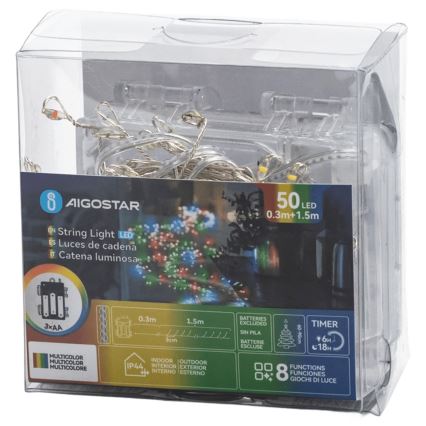 Aigostar - LED zunanji božični niz 50xLED/8 funkcij 3xAA 1,8m IP44 večbarven