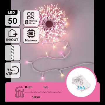 Aigostar - LED zunanji božični niz 50xLED/8 funkcij 3xAA 5,3m IP44 roza/topla bela