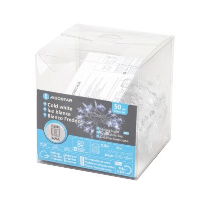 Aigostar - LED zunanji božični niz 50xLED/8 funkcij 3xAA 5 m IP44 hladno bela