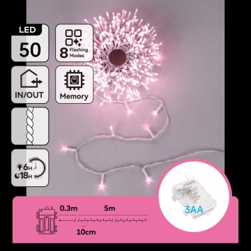 Aigostar - LED zunanji božični niz 50×LED/8 funkcij 3xAA 5,3 m IP44 rožnata