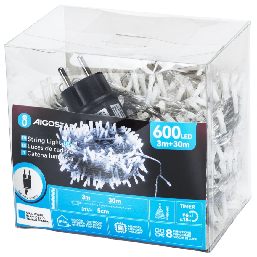 Aigostar - LED Zunanji božični niz 600xLED/8 funkcij 33m IP44 hladna bela