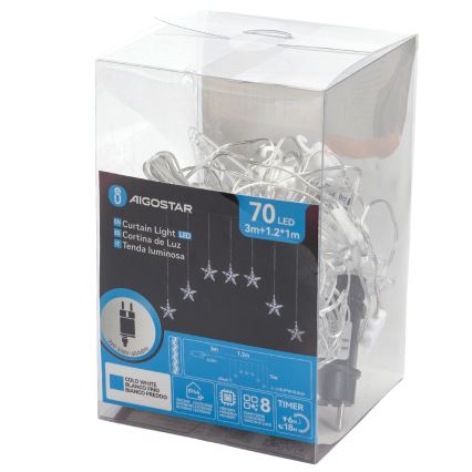Aigostar - LED zunanji božični niz 70xLED 1,2x1m IP44 hladna bela zvezde