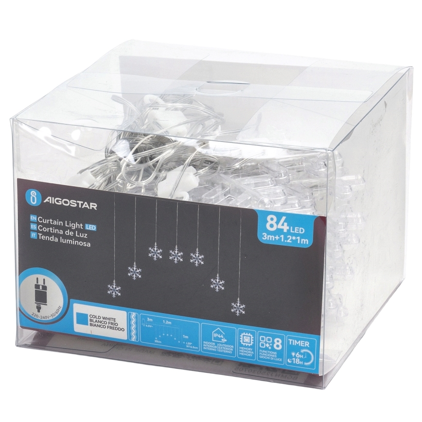 Aigostar - LED zunanji božični niz 84xLED/8 funkcij 1,2x1m IP44 hladno bela snežinke