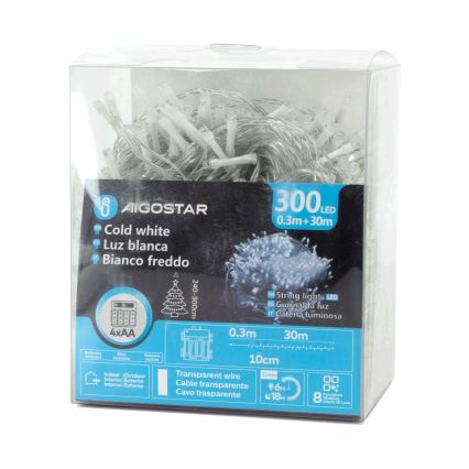 Aigostar - zunanji božični LED niz 300xLED/8 funkcij 4xAA 30m IP44 hladna bela