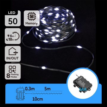 Aigostar -LED zunanji božični niz luči 50xLED/8 funkcij 3xAA 5,3 m IP44 hladno bela