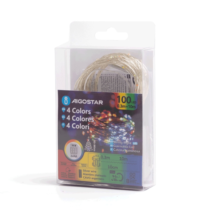 Aigostar - LED zunanji božični niz 100xLED/8 funkcij/3xAA10,3m IP44 večbarven