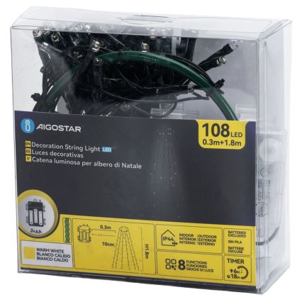 Aigostar - LED zunanji božični niz lučk 108xLED/8 funkcij 3xAA 1,8m IP44 topla bela