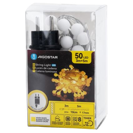 Aigostar - dekorativni LED niz za zunanjo uporabo, 50 × LED / 8 funkcij, 5 m, IP44, topla bela