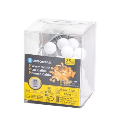 Aigostar-LED Zunanji LED niz 25xLED/3xAA/8 funkcij 2,8 m IP44 topla bela