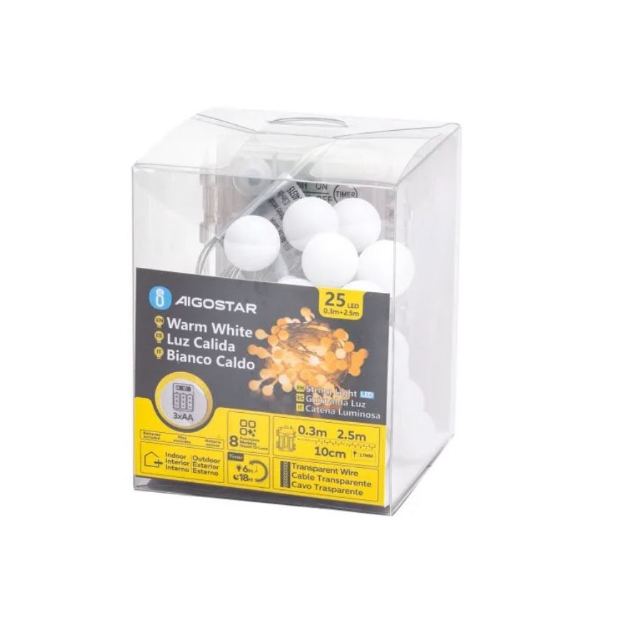 Aigostar-LED Zunanji LED niz 25xLED/3xAA/8 funkcij 2,8 m IP44 topla bela