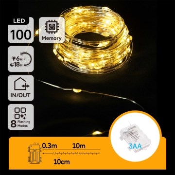 Aigostar - LED zunanji niz 100 LED, 8 funkcij, 3×AA, 10,3 m, IP44, topla bela