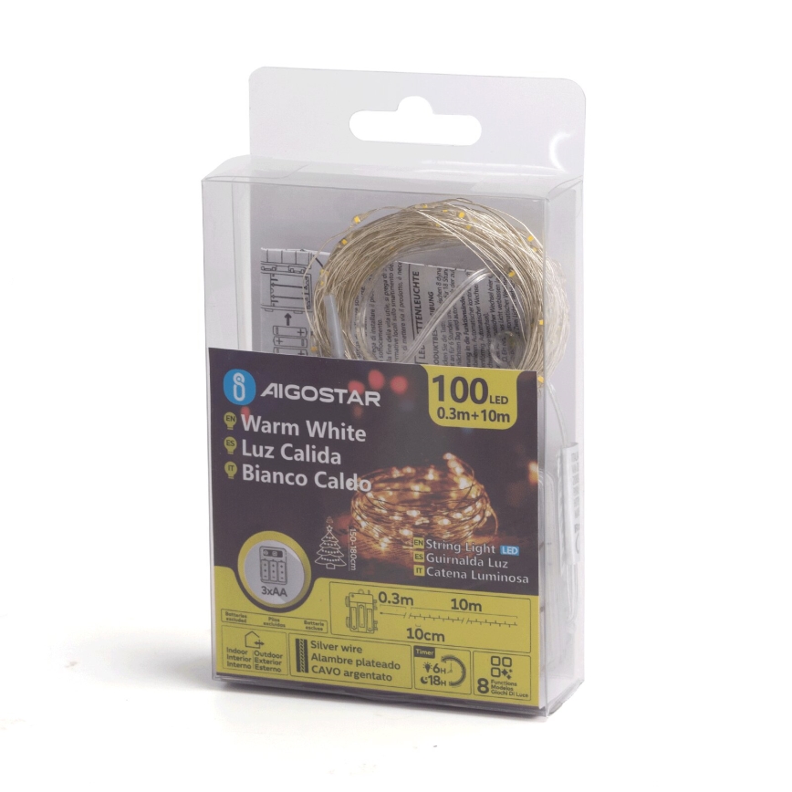 Aigostar - LED zunanji niz 100 LED, 8 funkcij, 3×AA, 10,3 m, IP44, topla bela