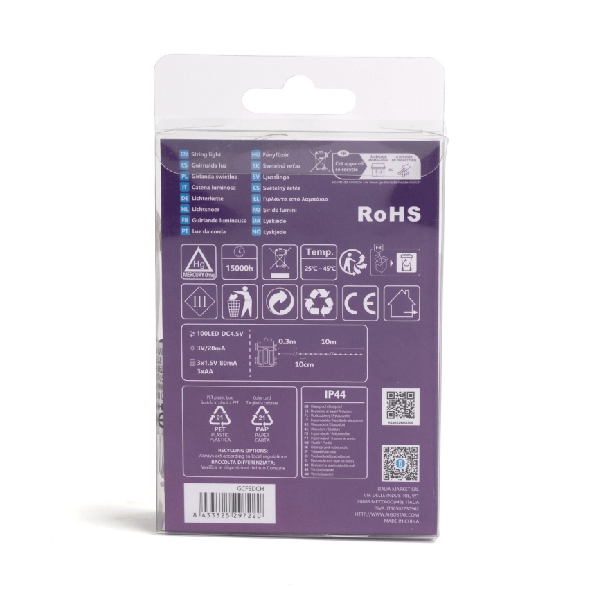 Aigostar - LED zunanji niz 100 LED, 8 funkcij, 3×AA, 10,3 m, IP44, topla bela