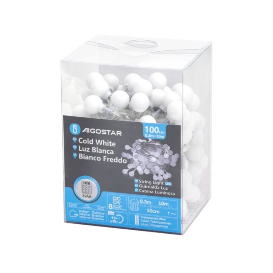Aigostar - LED zunanji božični svetlobni niz 100xLED/3xAA/8 funkcij 10,3 m IP44 hladno bela