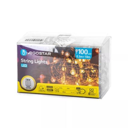 Aigostar - LED zunanji božični niz 100xLED/3xAA/8 funkcij 10,3 m IP44 topla bela