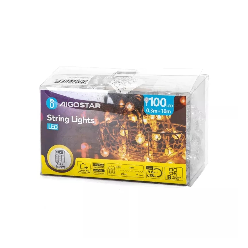 Aigostar - LED zunanji božični niz 100xLED/3xAA/8 funkcij 10,3 m IP44 topla bela