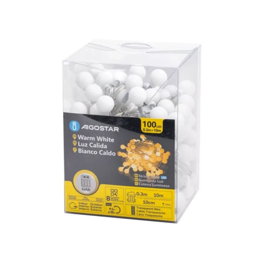 Aigostar - LED zunanji niz luči 100xLED/3xAA/8 funkcij 10,3 m IP44 topla bela