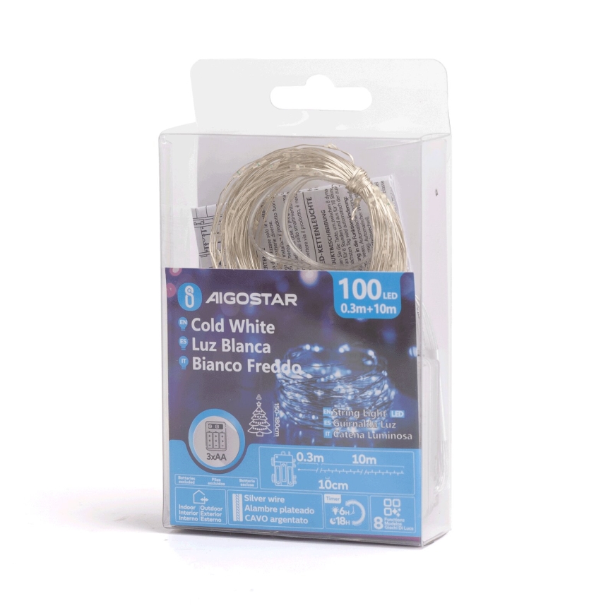 Aigostar - LED zunanji niz 100xLED/8 funkcij/3xAA 10,3m IP44 hladna bela