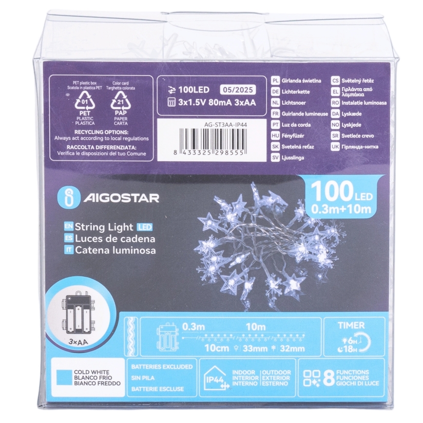 Aigostar - LED zunanji niz 100xLED/8 funkcij 3xAA 10 m IP44 hladna bela