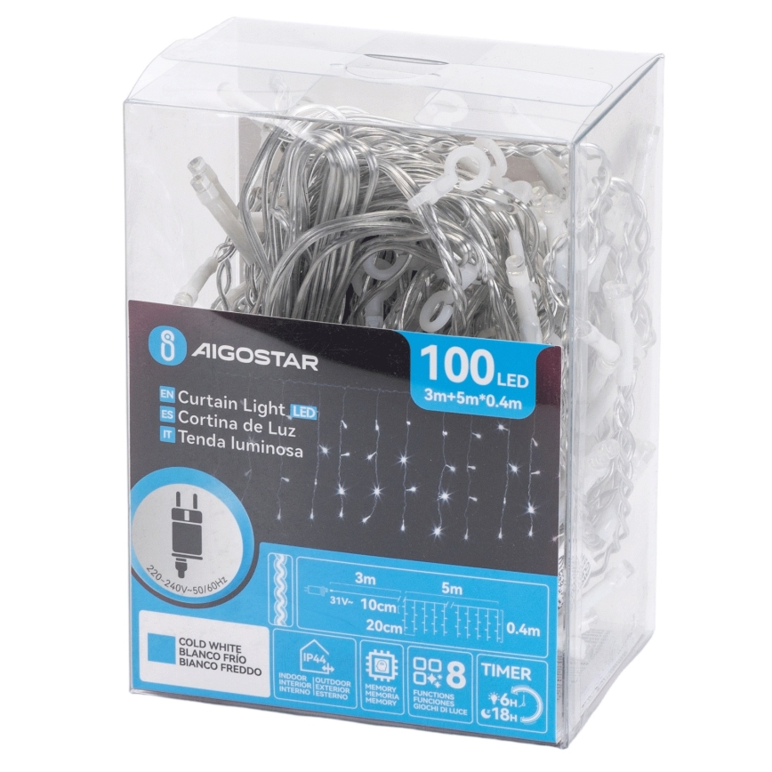 Aigostar - LED Zunanji  niz 100xLED/8 funkcij 5x0,4m IP44 hladna bela
