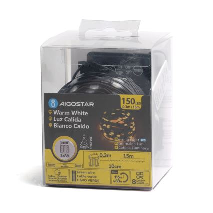 Aigostar - LED zunanji niz, 150 LED, 8 funkcij, 3xAA, 15,3 m, IP44, topla bela