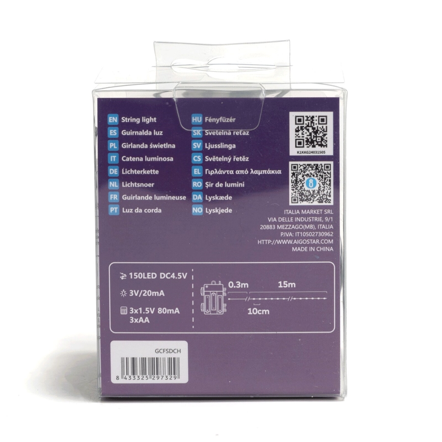 Aigostar - LED zunanji niz, 150 LED, 8 funkcij, 3xAA, 15,3 m, IP44, topla bela