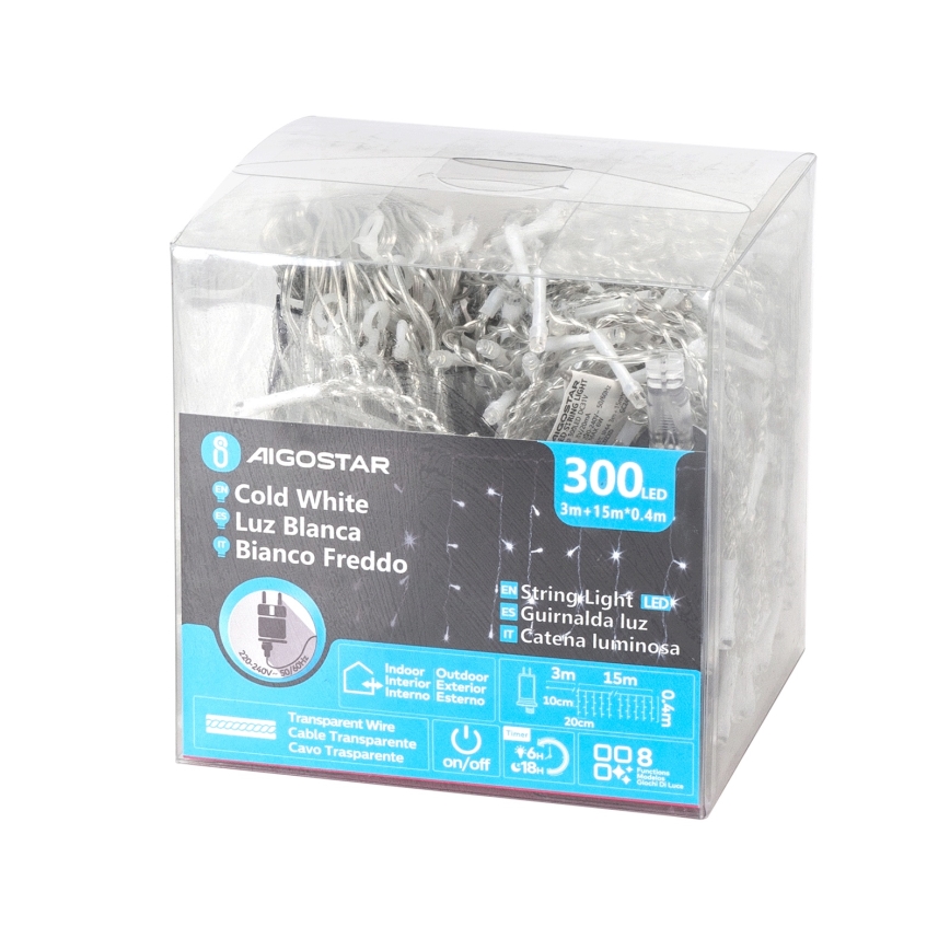 Aigostar - LED zunanji  svetlobni niz 300xLED/8 funkcij 15x0,4 m IP44 hladna bela