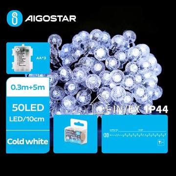 Aigostar - LED zunanji niz 50xLED/3xAA/8 funkcij 5,3 m IP44 hladna bela