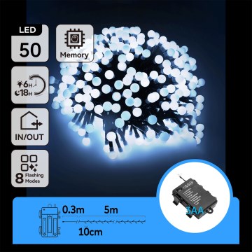Aigostar - LED zunanji niz 50xLED/8 funkcij 3xAA 5,3m IP44 hladno bela