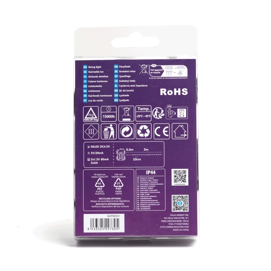 Aigostar - LED zunanji niz 50xLED/8 funkcij 3xAA 5,3m IP44 topla bela