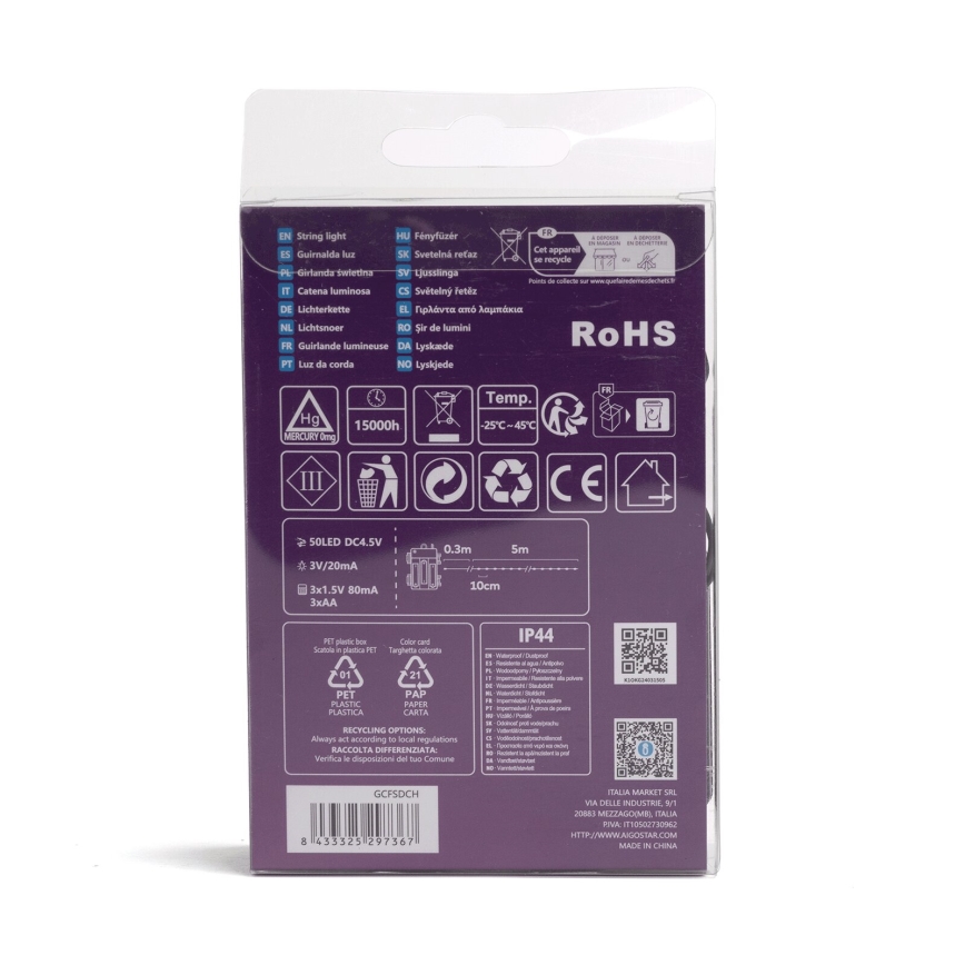 Aigostar - LED zunanji niz 50xLED/8 funkcij 3xAA 5,3m IP44 večbarven