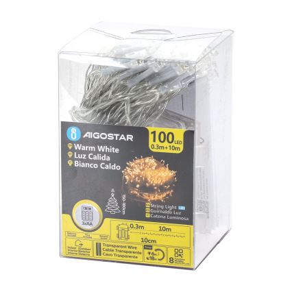 Aigostar -LED Zunanji niz luči 100xLED/8 funkcij 3xAA 10,3m IP44 topla bela