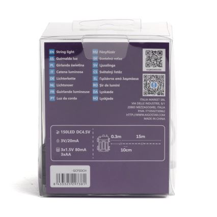 Aigostar -LED Zunanji  niz luči 150xLED/8 funkcij 3xAA 15,3m IP44 večbarven