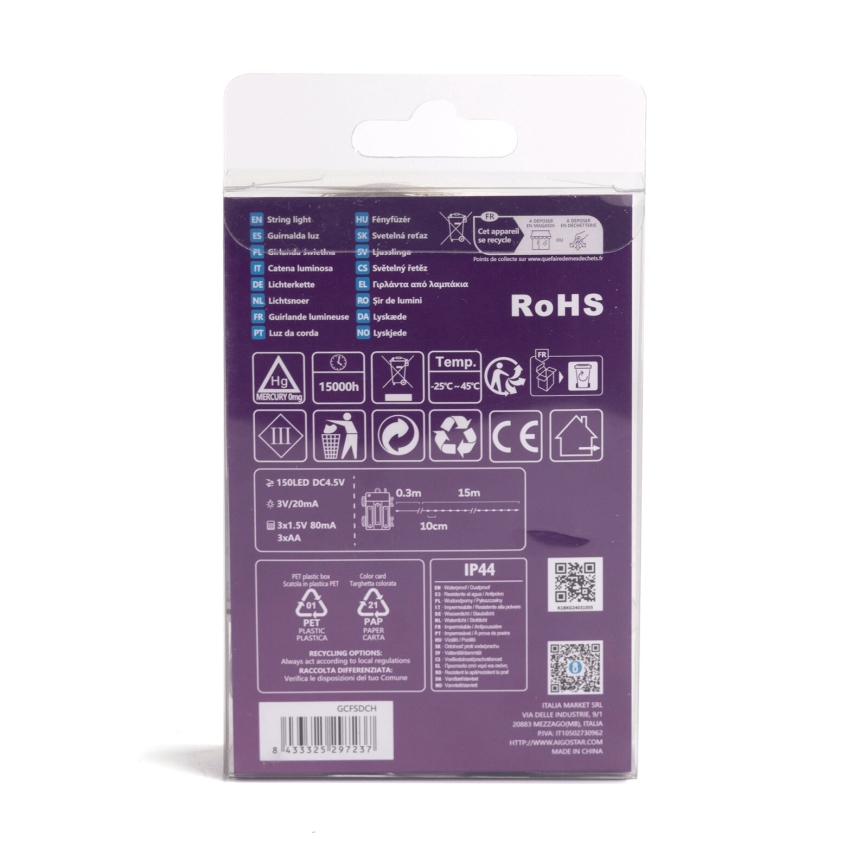 Aigostar - LED zunanji niz lučk 150×LED/8 funkcij 3×AA 15,3 m IP44 topla bela