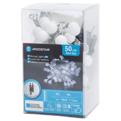 Aigostar - LED zunanja dekorativna veriga 50xLED/8 funkcij 5 m IP44 hladna bela