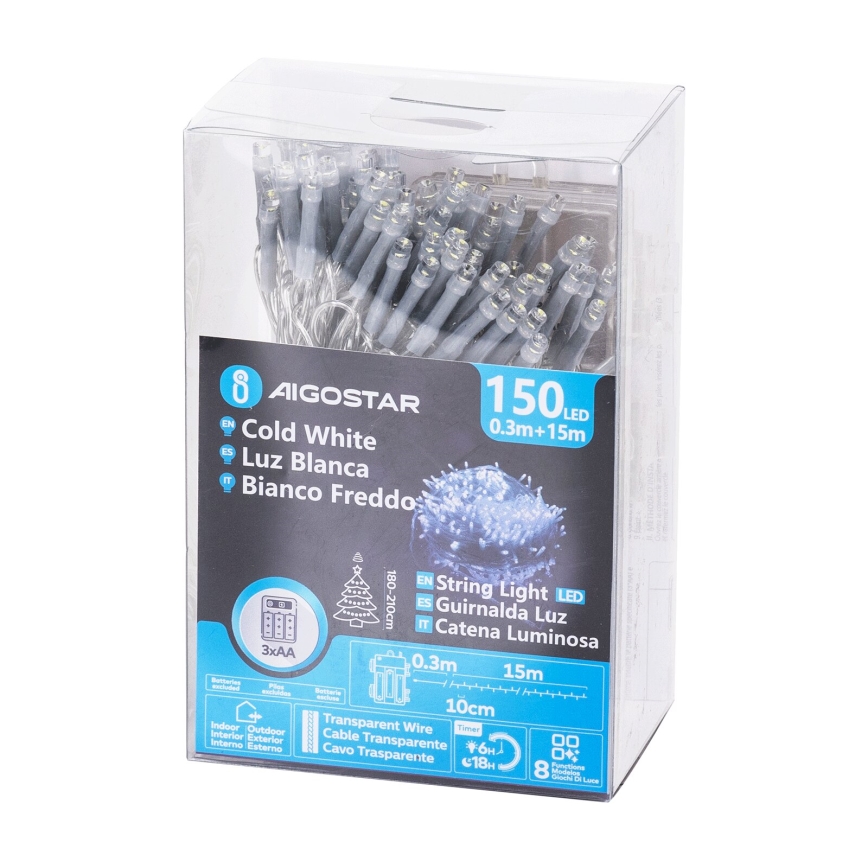Aigostar - LED zunanji svetlobni niz 150 LED/8 funkcij 15,3 m IP44 hladno bela