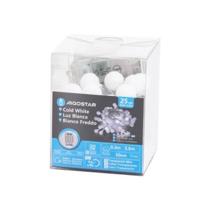 Aigostar - zunanji LED niz luči, 25 LED, napajanje 3×AA, 8 funkcij, 2,8 m, IP44, hladno bela
