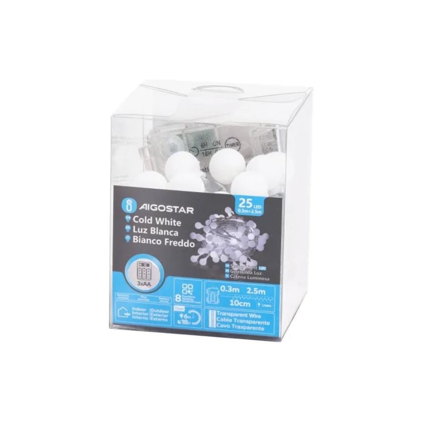 Aigostar - zunanji LED niz luči, 25 LED, napajanje 3×AA, 8 funkcij, 2,8 m, IP44, hladno bela