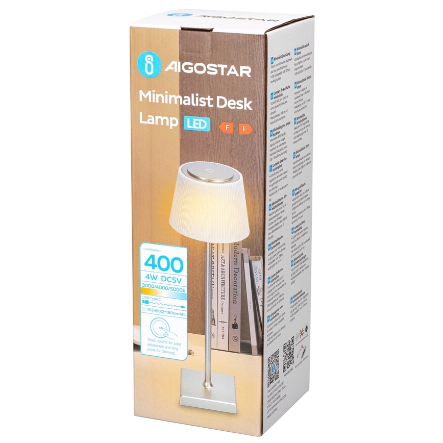 Aigostar - LED Zunanja zatemnitvena polnilna namizna svetilka LED/4W/5V 3600mAh bela/mat krom IP54