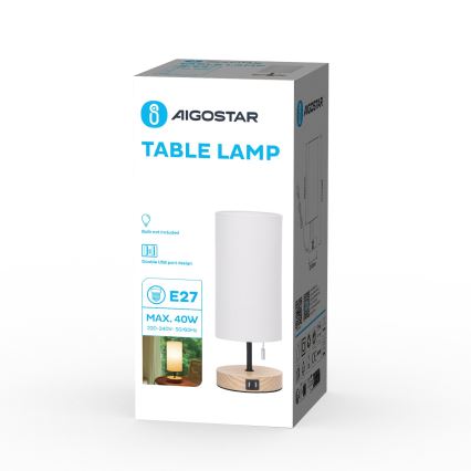 Aigostar - Namizna svetilka z USB priključkom 1xE27/40W/230V bež