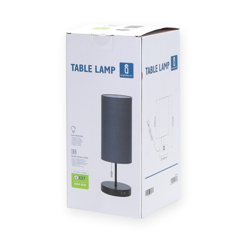 Aigostar - Namizna svetilka z USB priključkom 1xE27/40W/230V črna