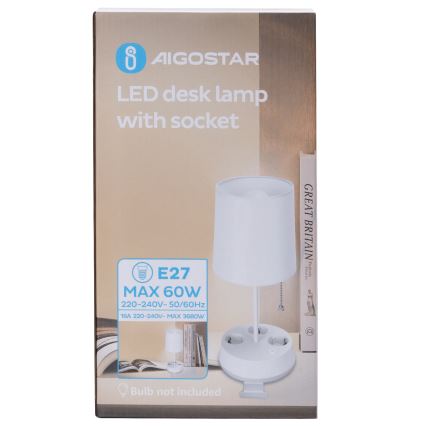 Aigostar - Namizna svetilka z vtičnicami 1xE27/60W/230V bela