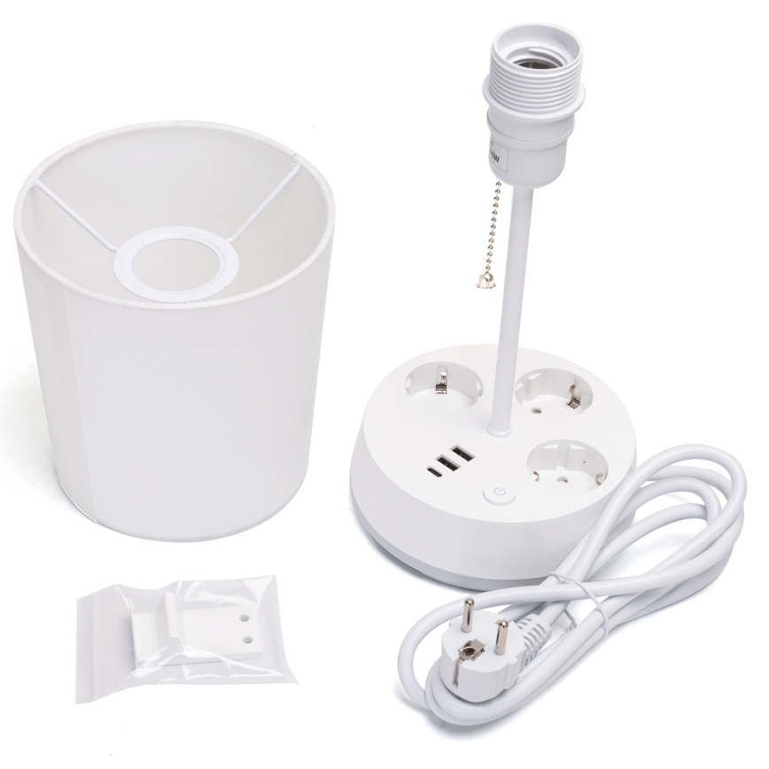 Aigostar - Namizna svetilka z vtičnicami in USB priključki 1xE27/60W/230V bela