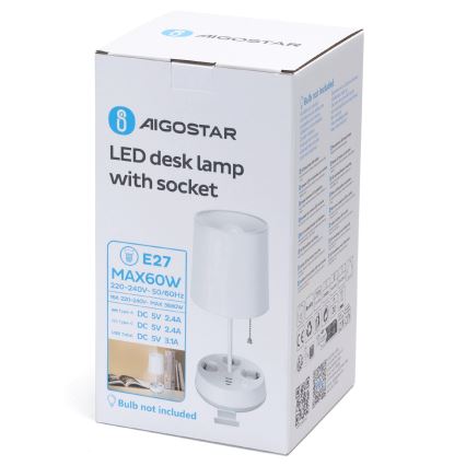 Aigostar - Namizna svetilka z vtičnicami in USB priključki 1xE27/60W/230V bela