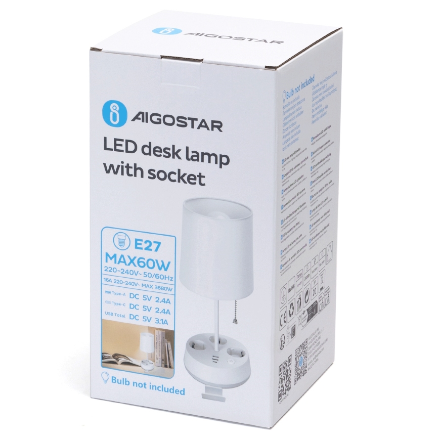 Aigostar - Namizna svetilka z vtičnicami in USB priključki 1xE27/60W/230V bela